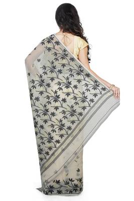 Women'S Cotton Silk Angur Dhakai Allover Soft Jamdani Sarees (White & Black) Without Blouse 3