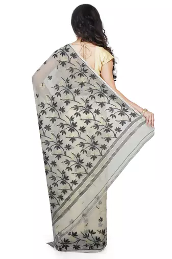 Women'S Cotton Silk Angur Dhakai Allover Soft Jamdani Sarees (White & Black) Without Blouse