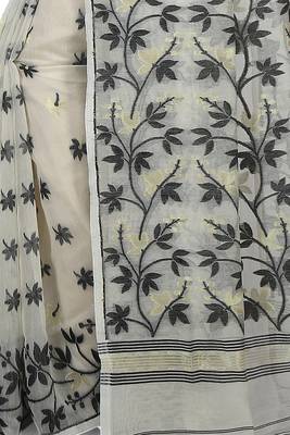 Women'S Cotton Silk Angur Dhakai Allover Soft Jamdani Sarees (White & Black) Without Blouse 4