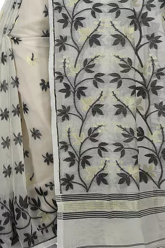 Women'S Cotton Silk Angur Dhakai Allover Soft Jamdani Sarees (White & Black) Without Blouse