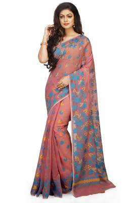 Women'S Cotton Silk Angur Dhakai Allover Soft Jamdani Sarees (Pink) Without Blouse 2