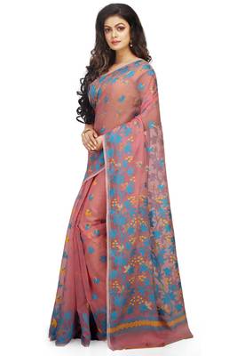 Women'S Cotton Silk Angur Dhakai Allover Soft Jamdani Sarees (Pink) Without Blouse 3