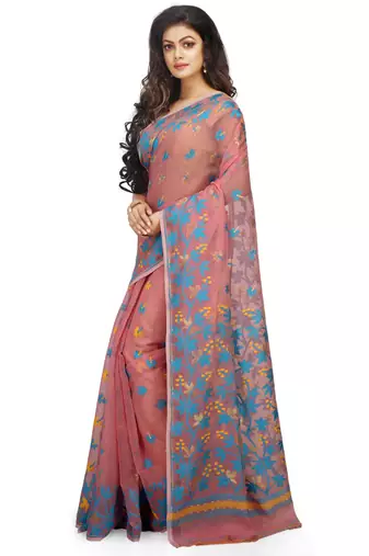 Women'S Cotton Silk Angur Dhakai Allover Soft Jamdani Sarees (Pink) Without Blouse