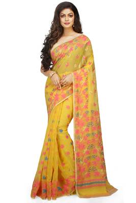 Women'S Cotton Silk Angur Dhakai Allover Soft Jamdani Sarees (Yellow) Without Blouse 1