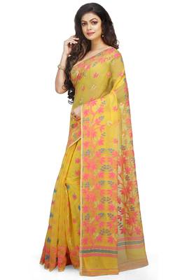 Women'S Cotton Silk Angur Dhakai Allover Soft Jamdani Sarees (Yellow) Without Blouse 2