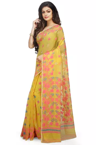 Women'S Cotton Silk Angur Dhakai Allover Soft Jamdani Sarees (Yellow) Without Blouse