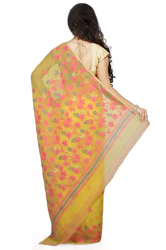 Women'S Cotton Silk Angur Dhakai Allover Soft Jamdani Sarees (Yellow) Without Blouse