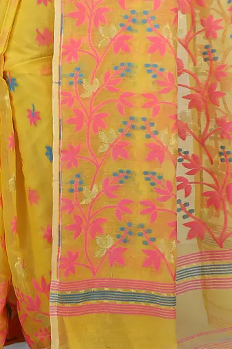 Women'S Cotton Silk Angur Dhakai Allover Soft Jamdani Sarees (Yellow) Without Blouse