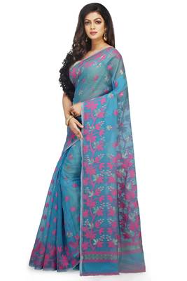 aqua blue cotton silk jamdani saree with motifs 1