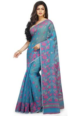 aqua blue cotton silk jamdani saree with motifs 2