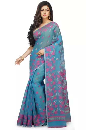 aqua blue cotton silk jamdani saree with motifs