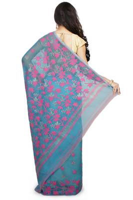 aqua blue cotton silk jamdani saree with motifs 3