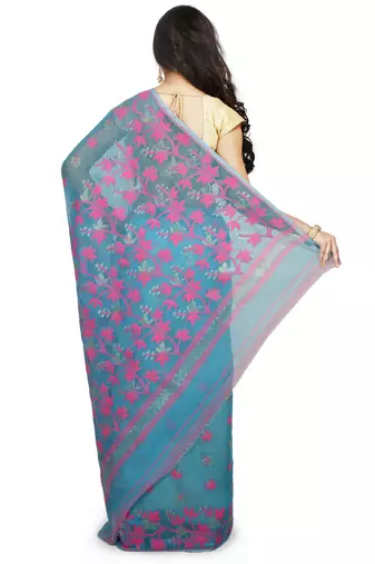 aqua blue cotton silk jamdani saree with motifs