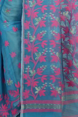 aqua blue cotton silk jamdani saree with motifs 4