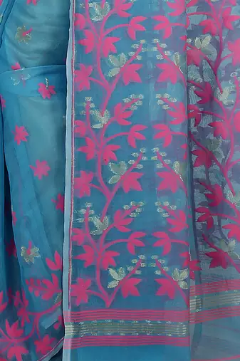 aqua blue cotton silk jamdani saree with motifs