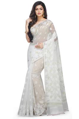 Women'S Cotton Silk Angur Dhakai Allover Soft Jamdani Sarees (White) Without Blouse 1
