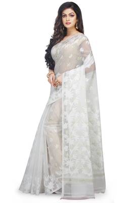 Women'S Cotton Silk Angur Dhakai Allover Soft Jamdani Sarees (White) Without Blouse 2