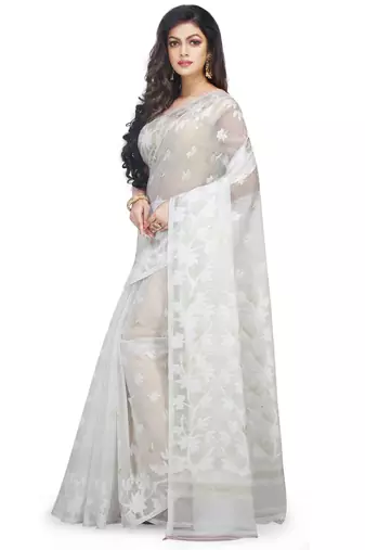 Women'S Cotton Silk Angur Dhakai Allover Soft Jamdani Sarees (White) Without Blouse
