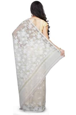 Women'S Cotton Silk Angur Dhakai Allover Soft Jamdani Sarees (White) Without Blouse 3
