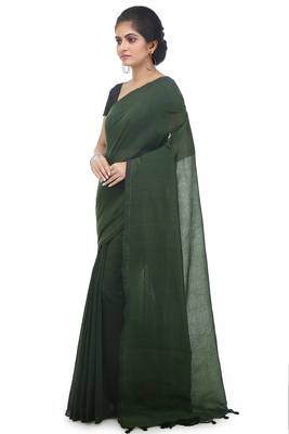 Women's pure premium cotton saree with blouse piece (deep green) 2
