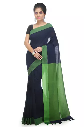 Women's pure premium cotton saree with blouse piece (black & green)