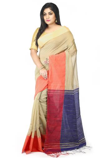 Women's traditional handloom plain sico beige colour check ghicha saree (beige)