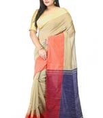 Women's traditional handloom plain sico beige colour check ghicha saree (beige)