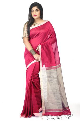 Women's traditional handloom plain sico beige colour check ghicha saree (red beige)