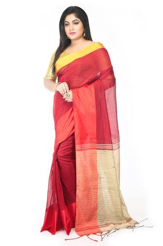 Women's traditional handloom plain sico beige colour check ghicha saree (deep red)