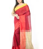 Women's traditional handloom plain sico beige colour check ghicha saree (deep red)