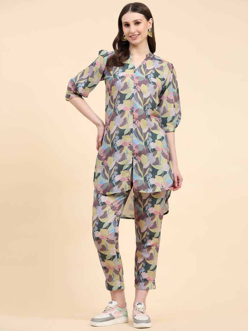 Rust Brown Floral Block Printed 100% Pure Linen Co-ord Set With Sleeveless & Square Neckline