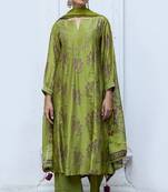 Henna Green Raw Silk Salwar Suit With Organza Dupatta