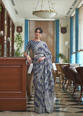 Blue Lucknowi Chikankari Linen Cotton Woven Sarees For Women With Blouse Sarees For Women 1