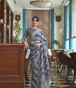 Blue Lucknowi Chikankari Linen Cotton Woven Sarees For Women With Blouse Sarees For Women