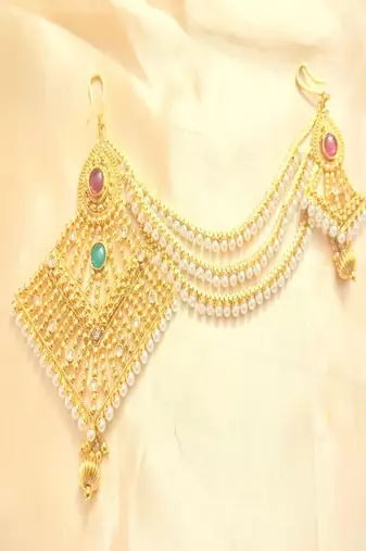 Runjhun gold plated designer hair accessory juda pin with chain for women
