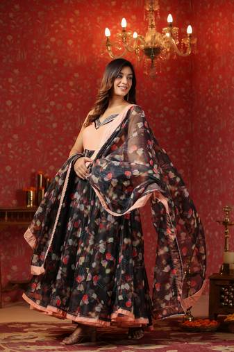Black organza anarkali  sleeveless  suit set of 3