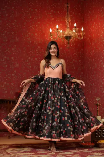 Black organza anarkali  sleeveless  suit set of 3