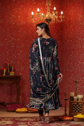 Blue angrakha georgette with gota work anarkali suit set of 3