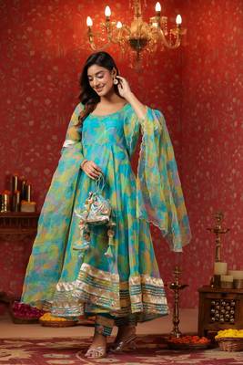 Cerulean blue organza anarkali suit set of 3 1