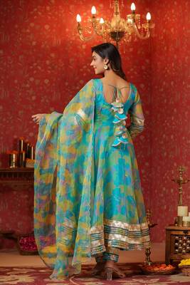 Cerulean blue organza anarkali suit set of 3 2