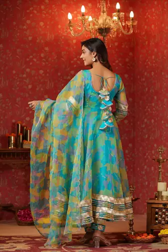 Cerulean blue organza anarkali suit set of 3