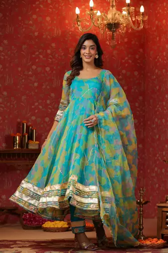 Cerulean blue organza anarkali suit set of 3