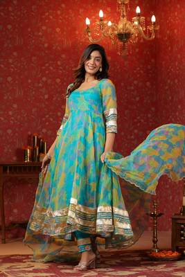 Cerulean blue organza anarkali suit set of 3 4