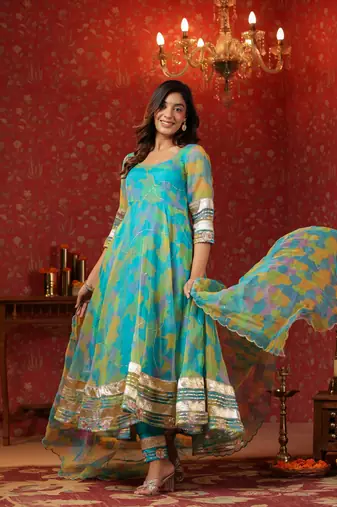 Cerulean blue organza anarkali suit set of 3