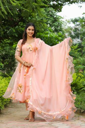 Cinderella peach hand print organza anarkali suit set