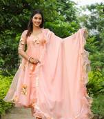 Cinderella peach hand print organza anarkali suit set