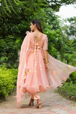 Cinderella peach hand print organza anarkali suit set 2