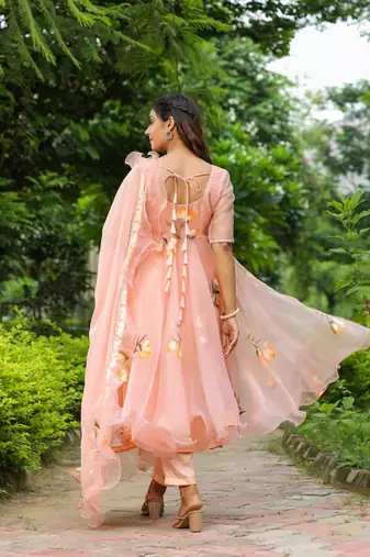 Cinderella peach hand print organza anarkali suit set
