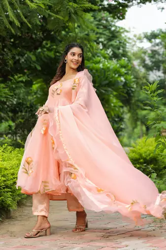 Cinderella peach hand print organza anarkali suit set