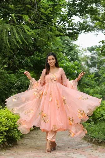 Cinderella peach hand print organza anarkali suit set